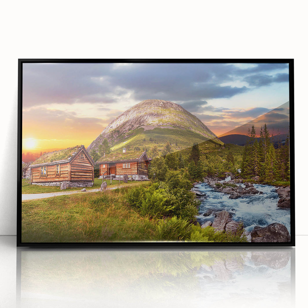Large abstract wall art depicting a Norwegian landscape in muted blues and greens on a framed acrylic.