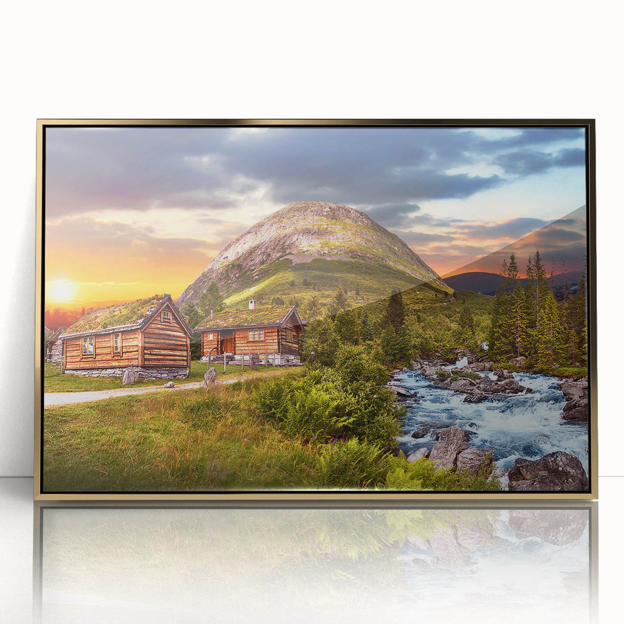 Mid-century modernist art depicting a serene Norwegian landscape in muted earth tones, framed acrylic.