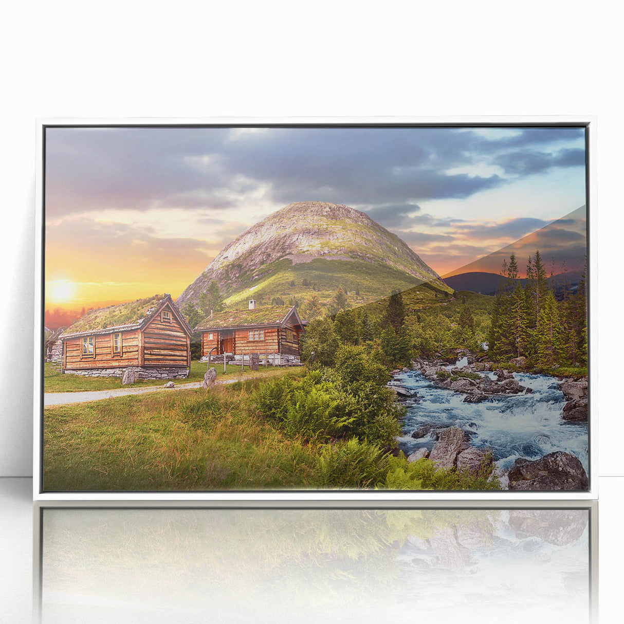 Acrylic print of a serene Norwegian landscape, featuring muted blue and green tones in a mid-century modernist style.