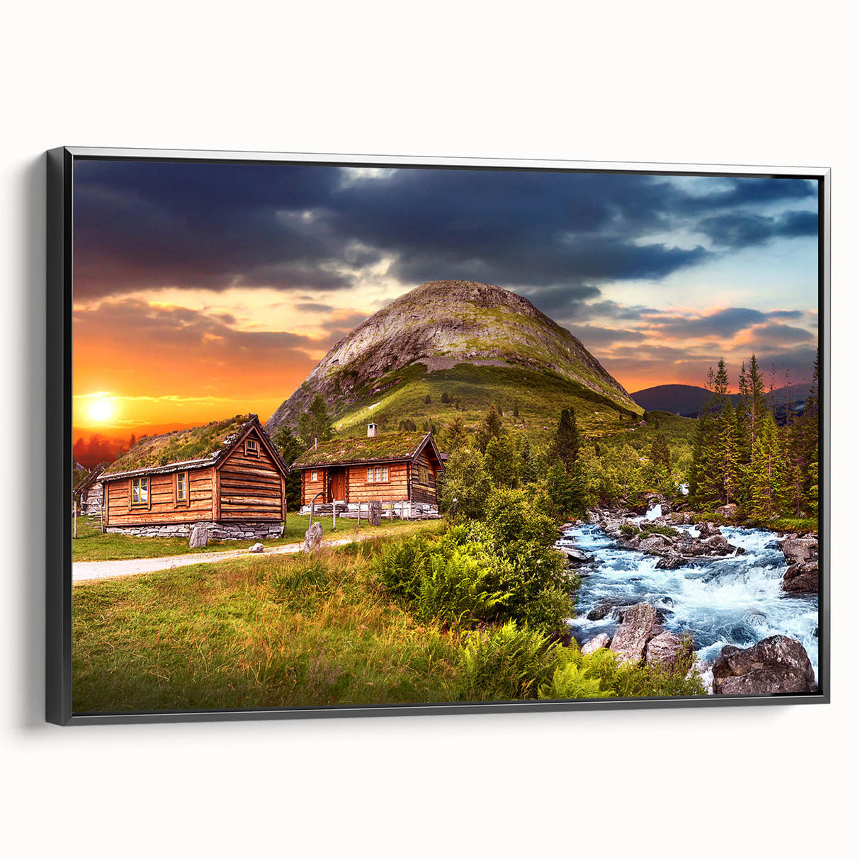 Black and white landscape art painting of a Norwegian scenery on framed canvas, suitable for bedroom wall decor.