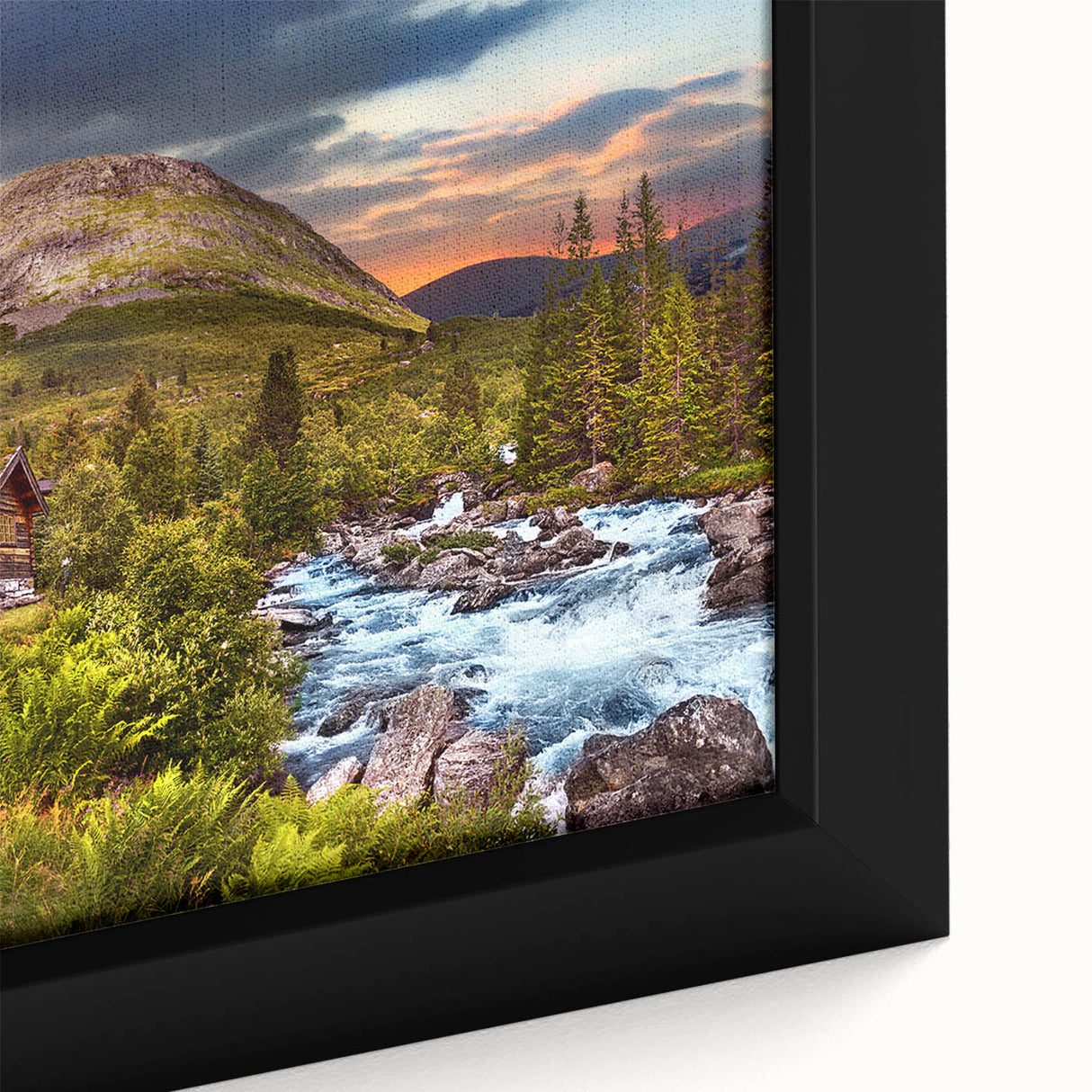 Extra large framed canvas of a textured Norwegian landscape in black with colorful accents, ideal for living room decor.