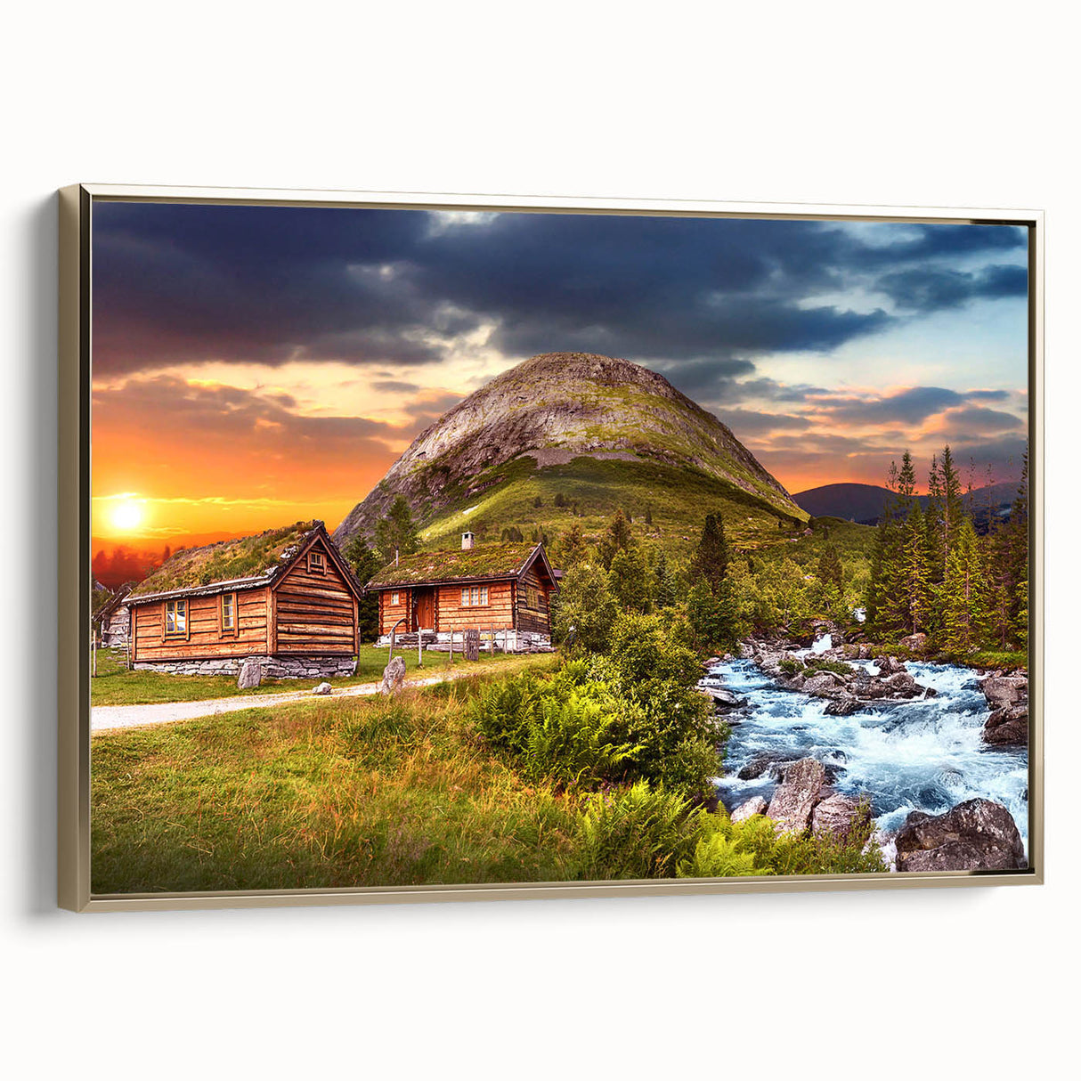 Framed canvas depicting a vintage-style Norwegian landscape in muted earth tones, ideal for bedroom wall art.