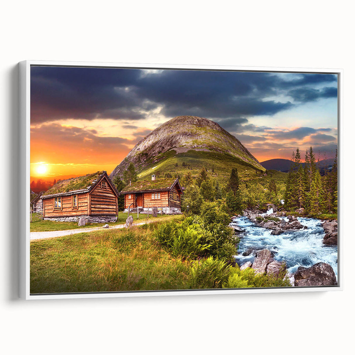Vintage poster art of a scenic Norway landscape, featuring colorful art on extra large framed canvas.
