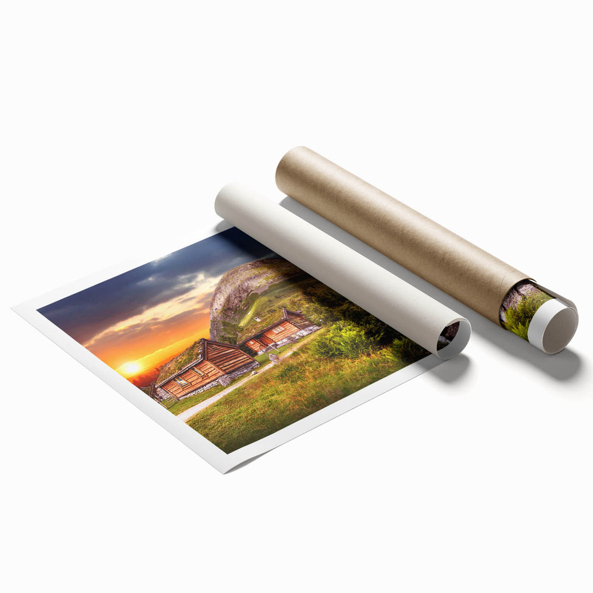 Extra large rolled print of a Norwegian landscape with lush florals and muted green and blue tones.