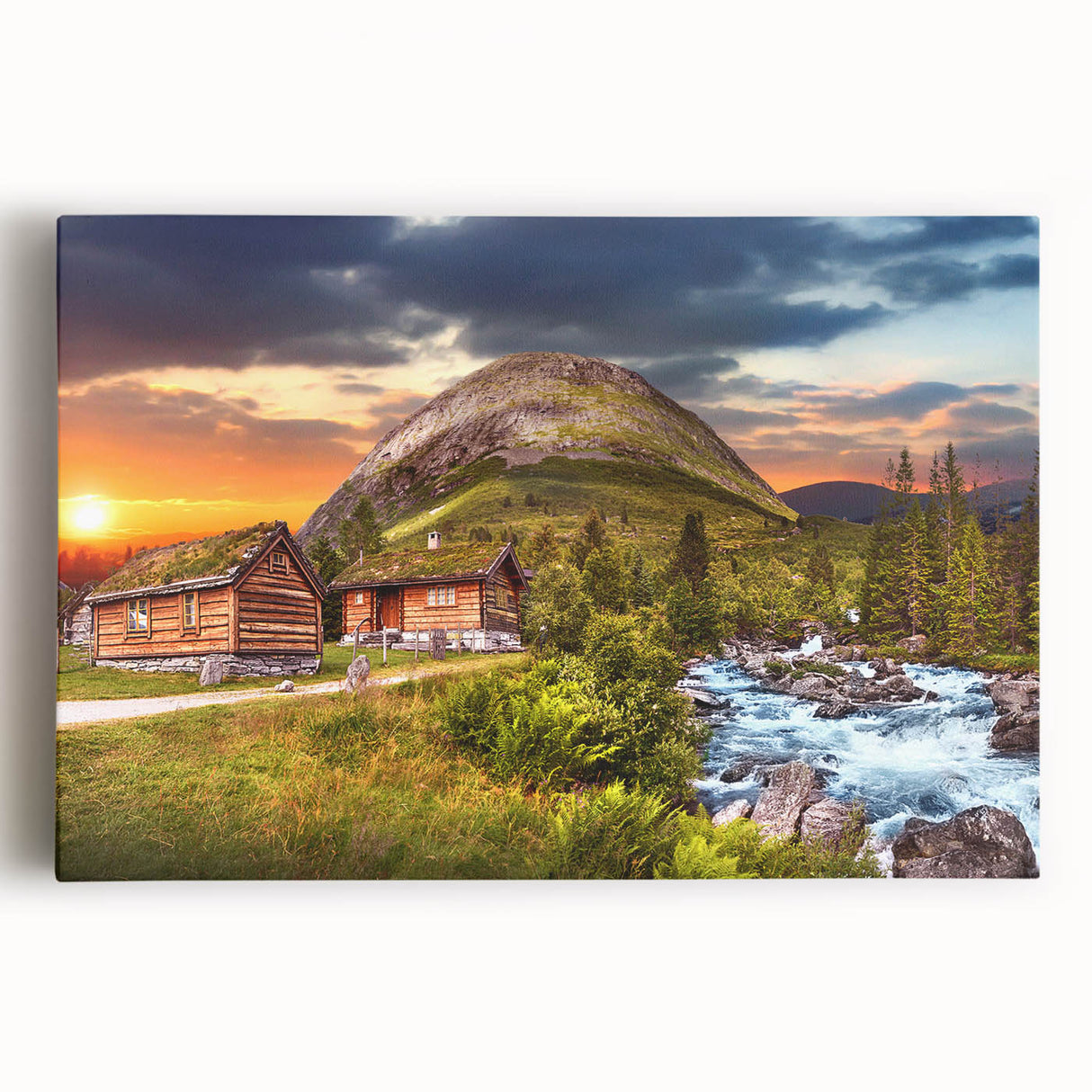Black and white photograph of a Norwegian landscape on stretched canvas, ideal for kitchen wall art.