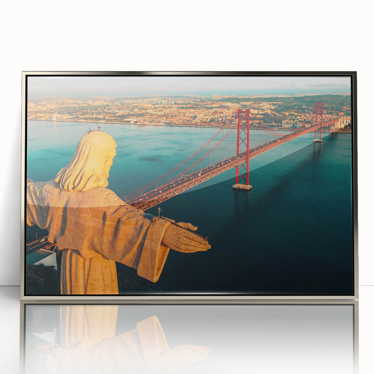 Lisbon, Portugal cityscape in acrylic print with silver frame, featuring mid-century modernist style.