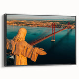 Black and white vintage poster art of Lisbon landscape on framed canvas, suitable for bedroom decor.