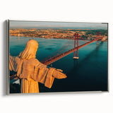 Landscape art painting of Lisbon with colorful, vintage poster style on a black framed canvas, ideal for living room decor.