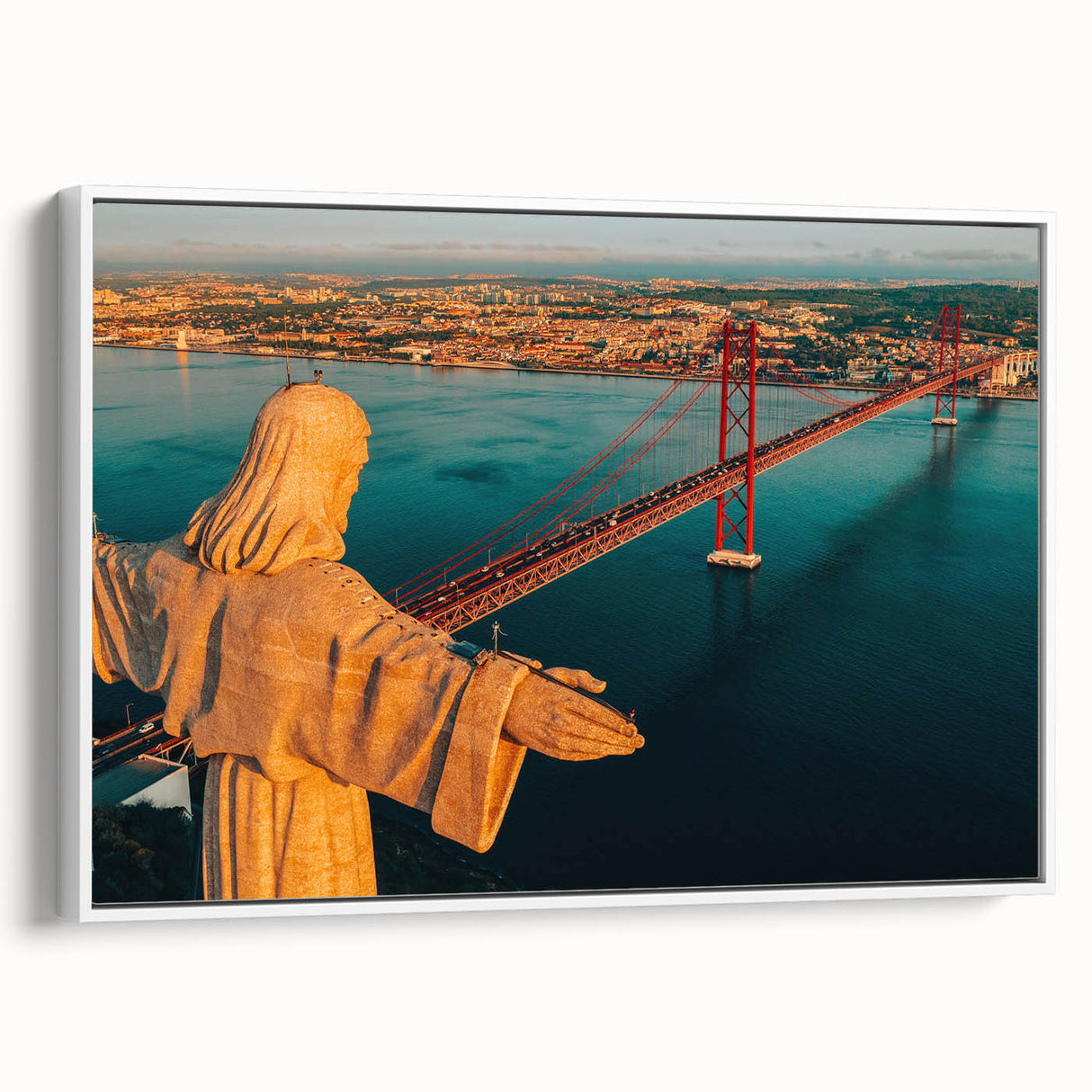 Vintage poster art of Lisbon scenery in vibrant colors on a framed canvas, ideal for living room decor.