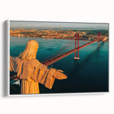 Vintage poster art of Lisbon scenery in vibrant colors on a framed canvas, ideal for living room decor.