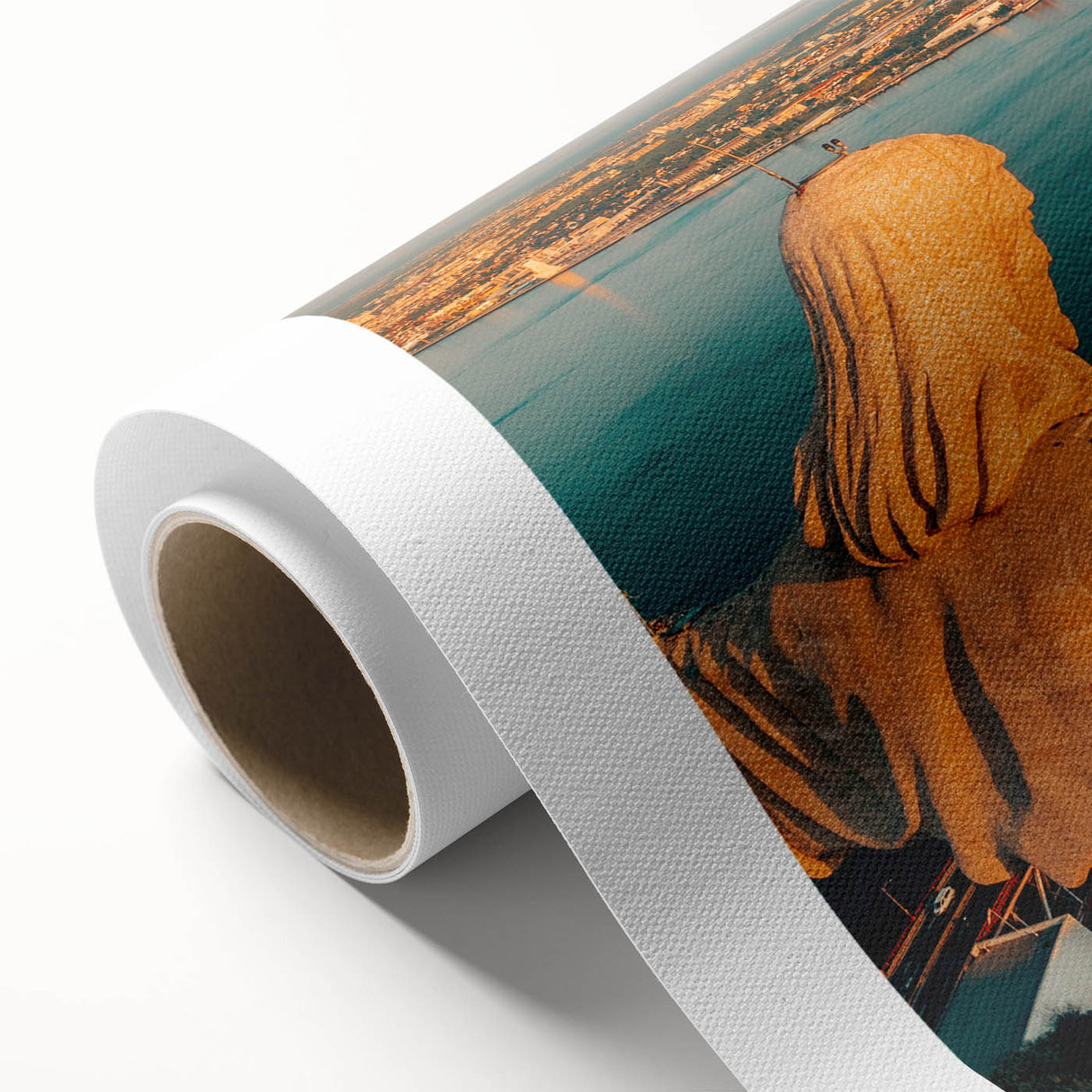 Art deco poster of Lisbon scenery in muted pastel colors on rolled canvas, ideal for nursery wall art.