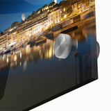 Large abstract wall art depicting Porto, Portugal, in muted blue and gray tones on acrylic glass, ideal for dining room art.