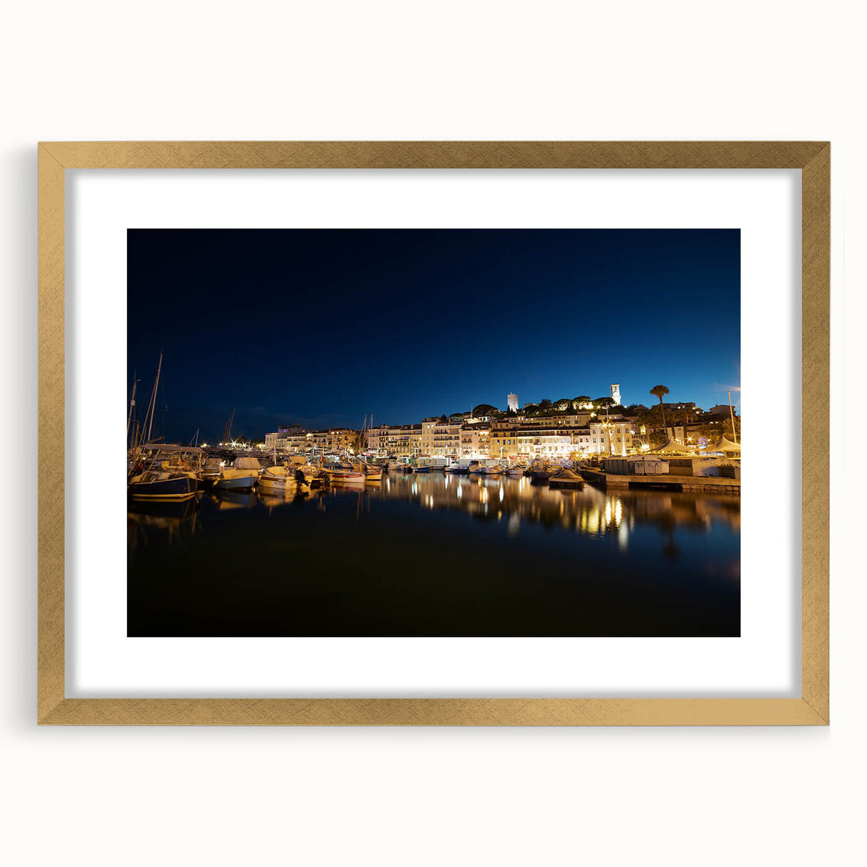 Abstract art print of Porto scenery in muted gold and blue tones on a framed canvas, suitable for dining room decor.