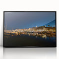 Large abstract wall art of Porto, Portugal in muted gray and blue tones on black framed acrylic.