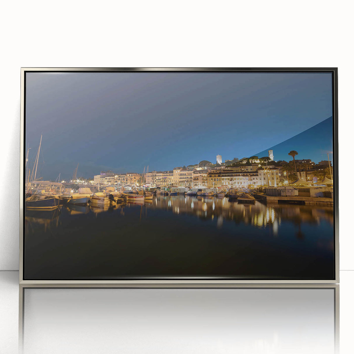Large art print of Porto, Portugal scenery in mid-century modernist style on silver-framed acrylic.