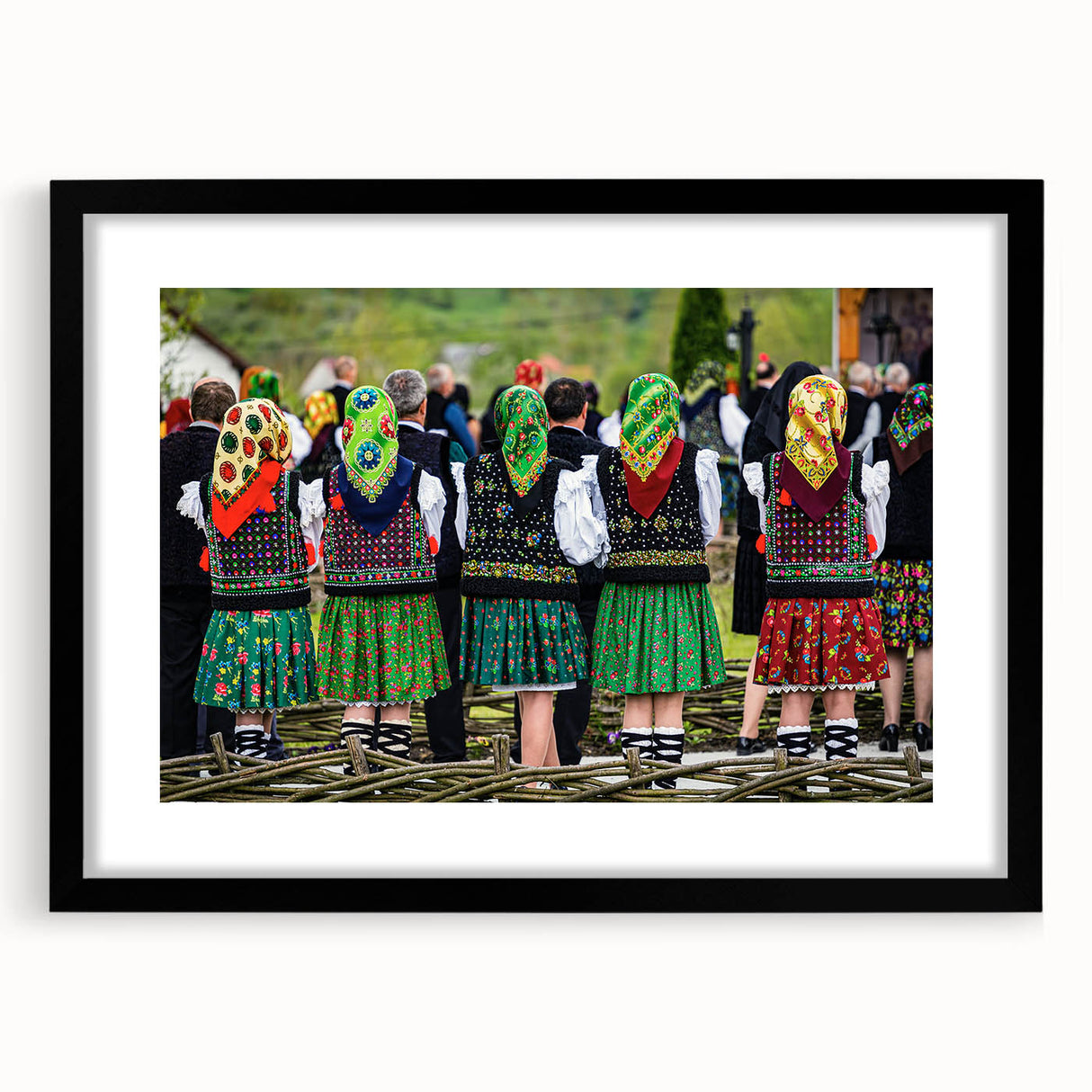 Extra large abstract art print depicting a colorful, textured European landscape on a framed black mat.