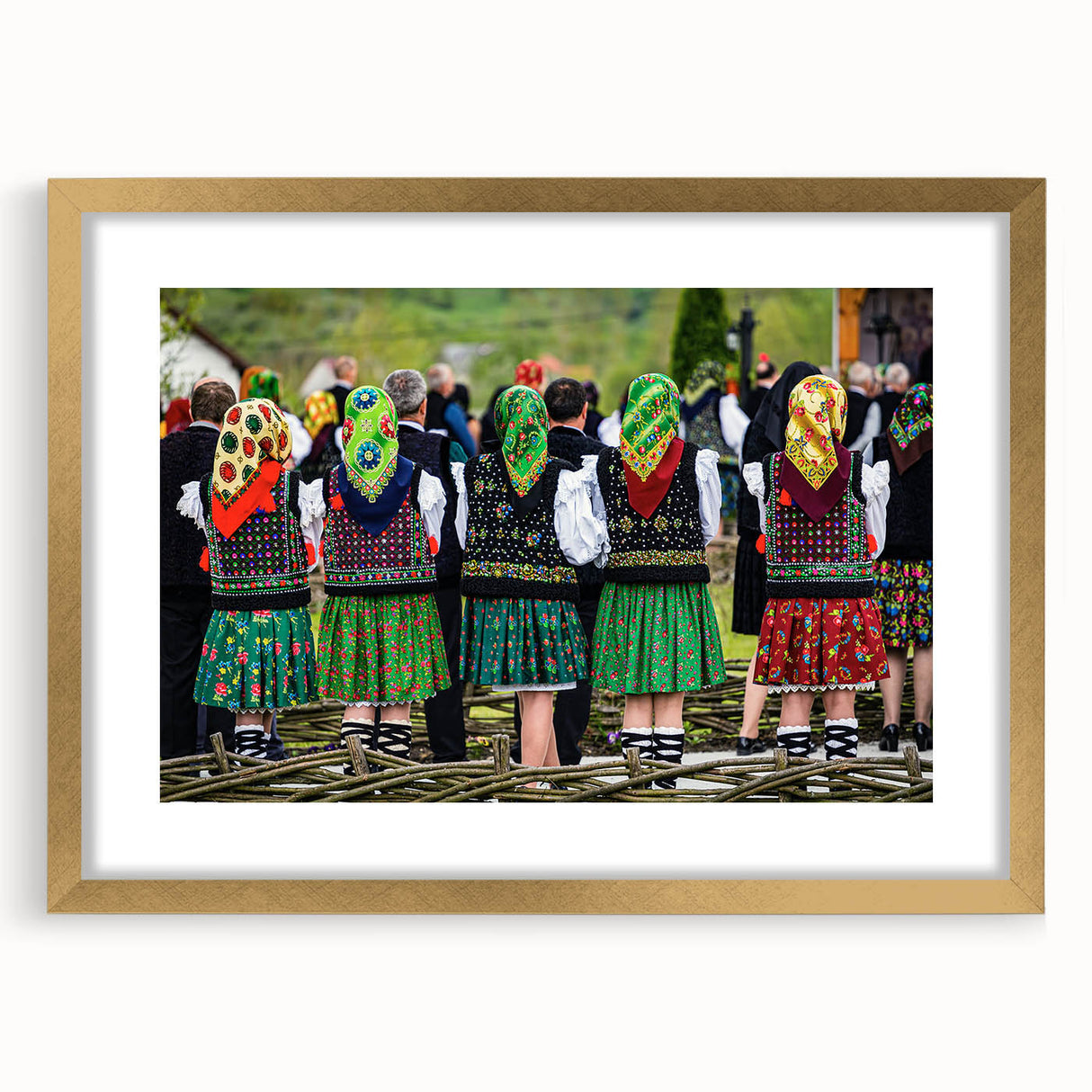 Abstract art print of a European Romanian landscape in muted earth tones, framed in gold.