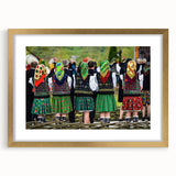 Abstract art print of a European Romanian landscape in muted earth tones, framed in gold.