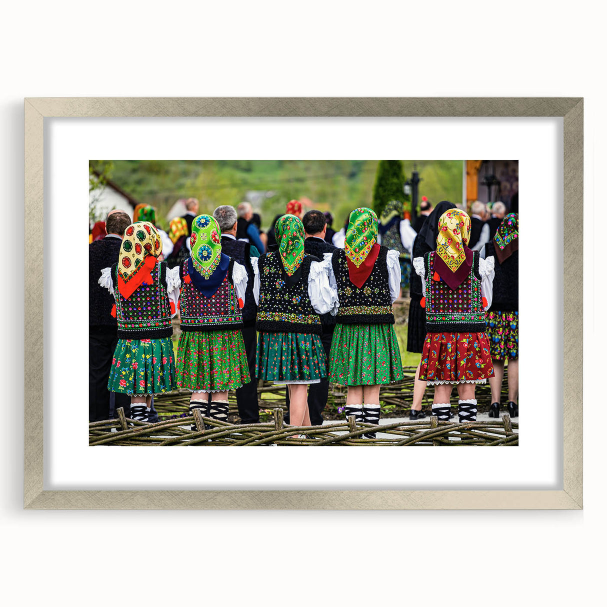 Extra large abstract art print featuring textured scenery of Romania in muted earth tones, framed in silver.