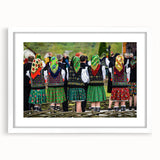 Textured abstract art print depicting a Romanian landscape in muted earth tones on a framed white mat.