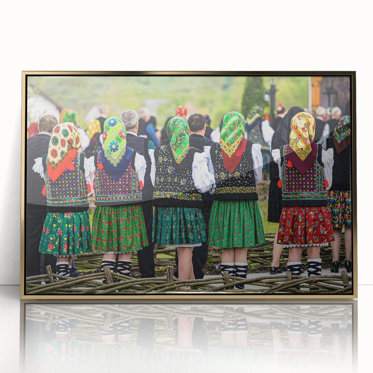 Art deco poster of a Romanian landscape in muted gold and brown tones, acrylic framed, ideal for modern art wall decor.