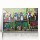 Mid-century modernist art depicting a European Romanian scenery in muted earth tones on a framed acrylic print.