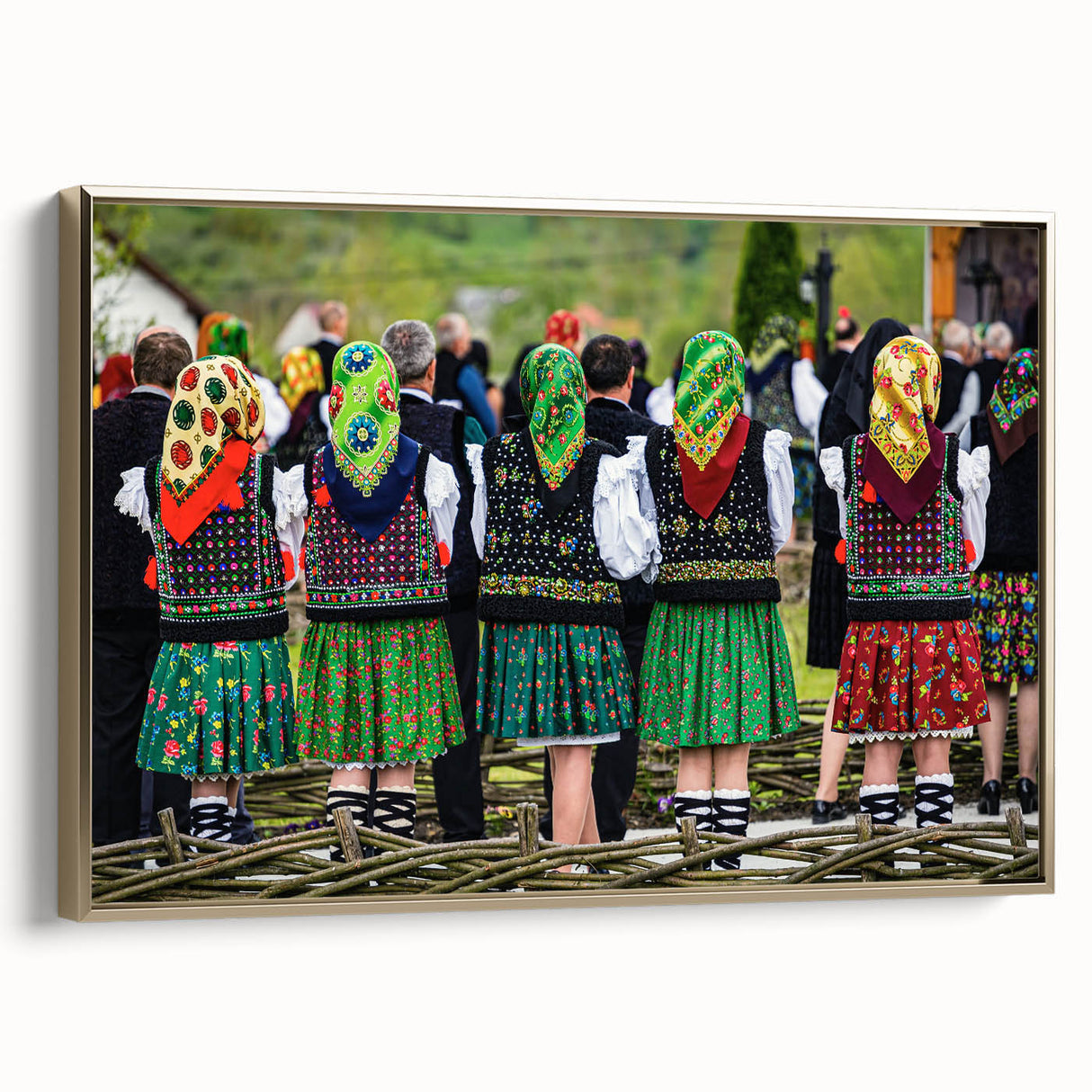 Framed canvas featuring a vintage landscape painting of the Romanian countryside.