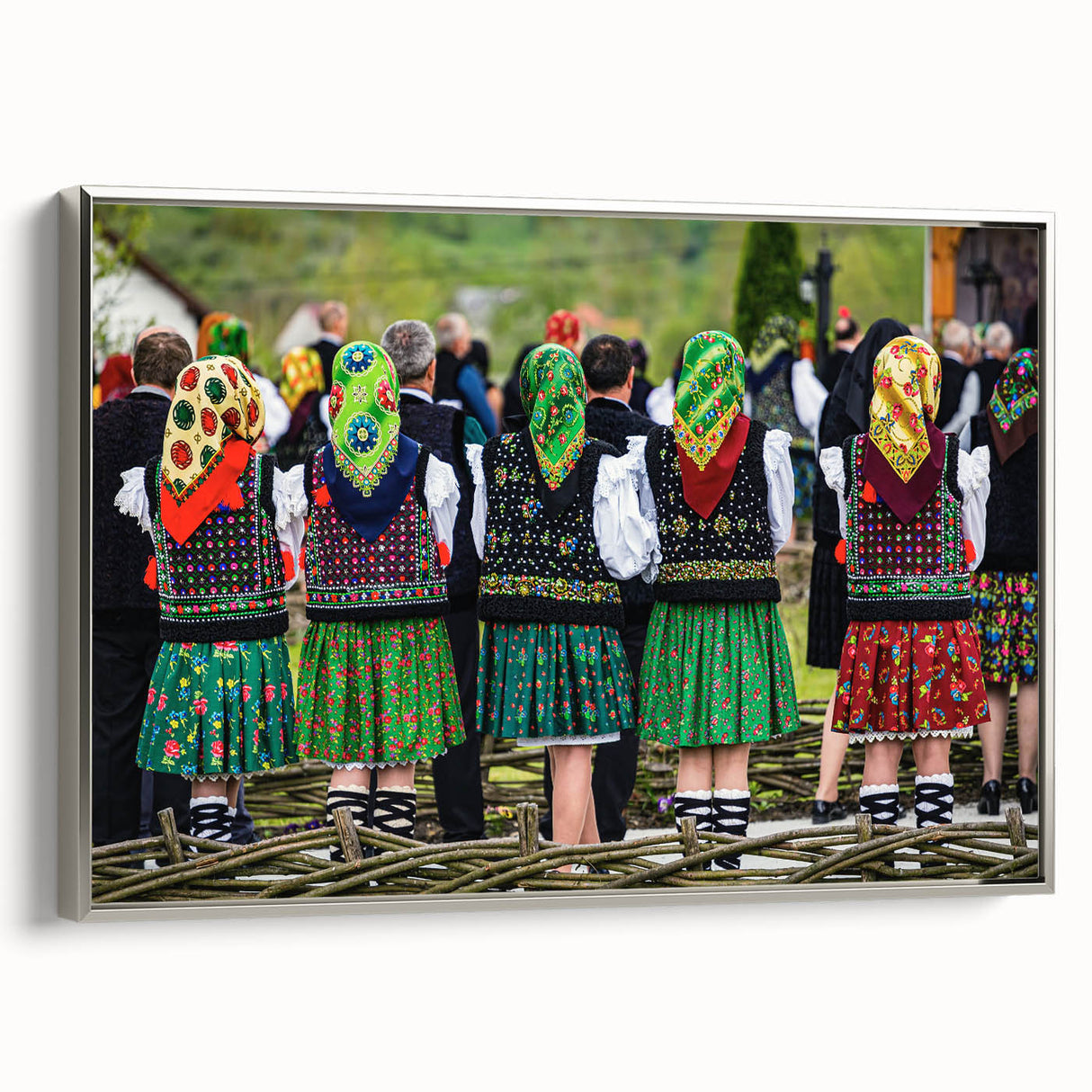 Framed canvas featuring a vintage-style Romanian landscape with colorful art on a black background.