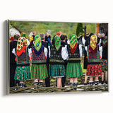 Framed canvas featuring a vintage-style Romanian landscape with colorful art on a black background.