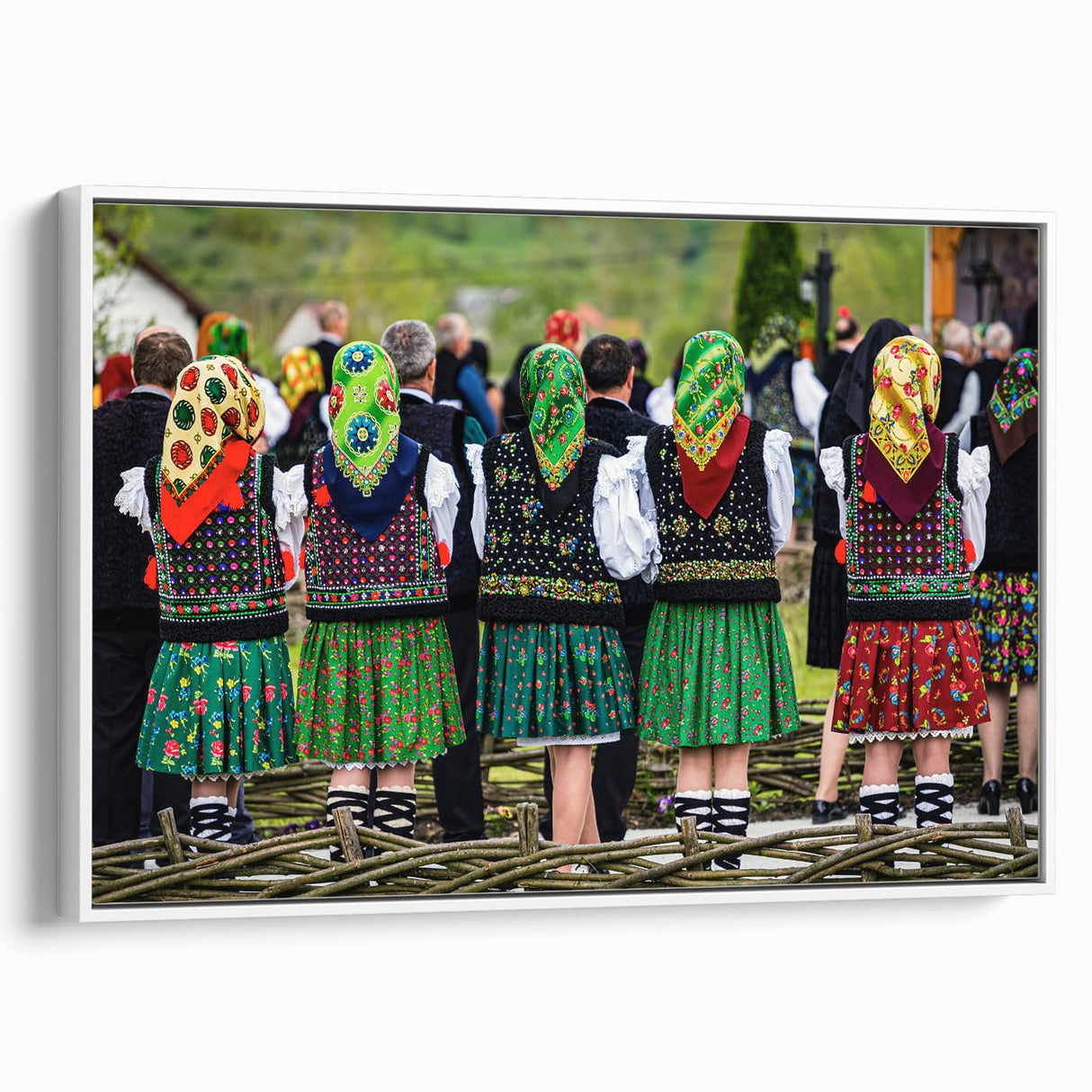 Vintage poster art of a Romanian landscape on framed canvas, featuring colorful imagery against a black background.