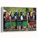 Vintage poster art of a Romanian landscape on framed canvas, featuring colorful imagery against a black background.