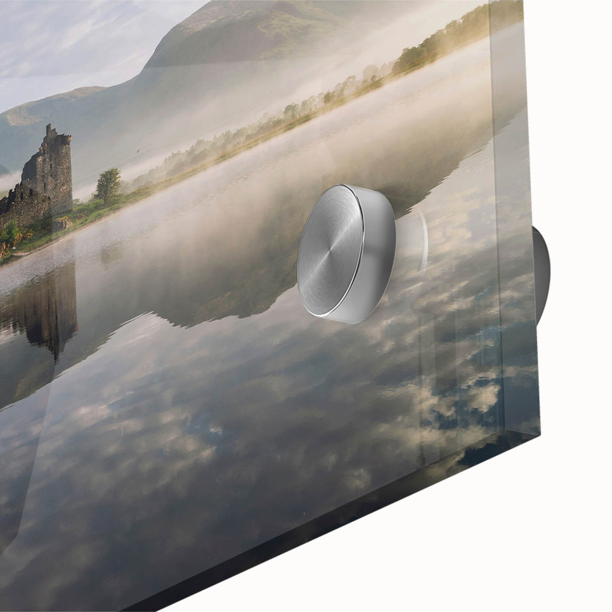 Large abstract depiction of a Scottish landscape in muted green and blue tones on acrylic glass.