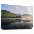 Acrylic glass print of a Scottish landscape in muted green and blue tones, suitable for bedroom or dining room decor.