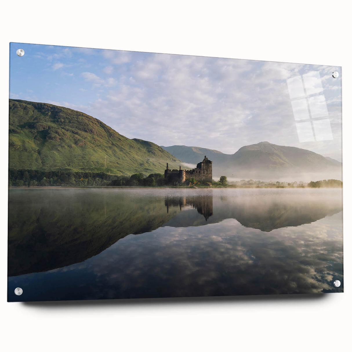 Acrylic glass print of a Scottish landscape in muted green and blue tones, suitable for bedroom or dining room decor.