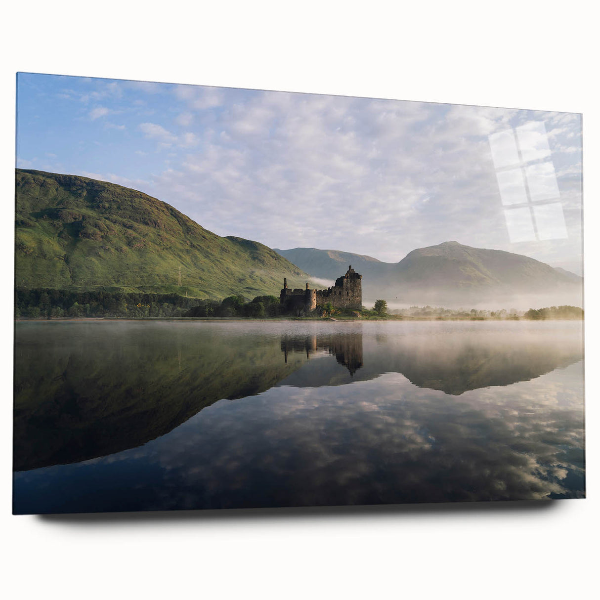 Acrylic print of a European scenery featuring Scotland's landscape in muted greens and blues.