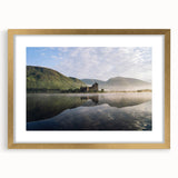 Extra large wall art featuring an abstract depiction of a Scottish landscape in muted earth tones, framed in gold.