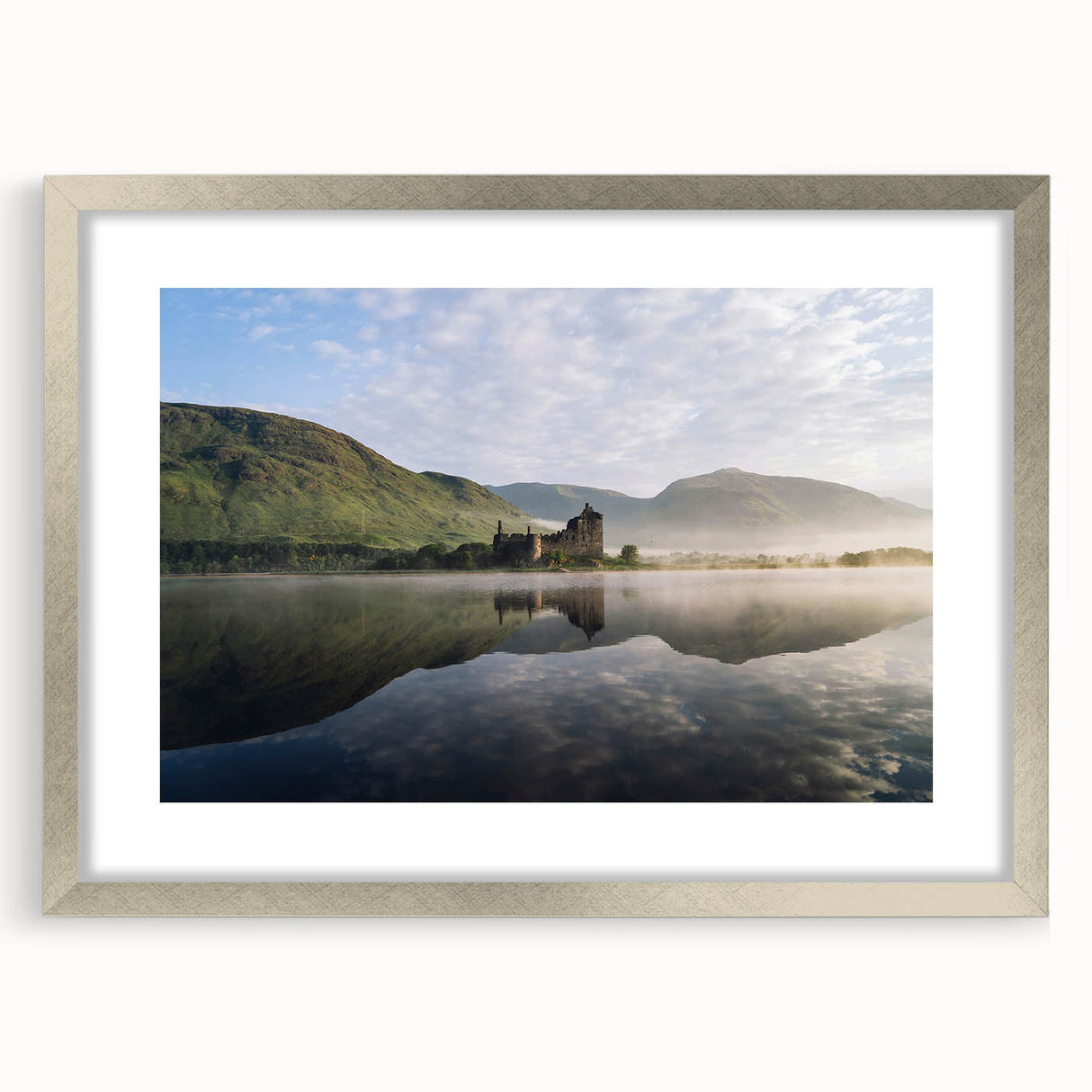Textured abstract art print depicting a misty Scottish landscape in muted earth tones, framed in silver.