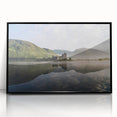 Large abstract wall art depicting a misty Scottish landscape in muted gray and blue tones, framed in black acrylic.