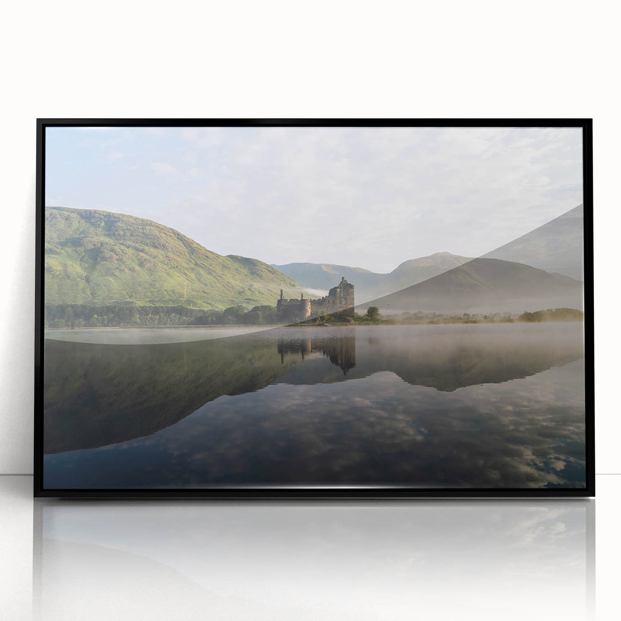 Large abstract wall art depicting a misty Scottish landscape in muted gray and blue tones, framed in black acrylic.