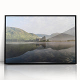 Large abstract wall art depicting a misty Scottish landscape in muted gray and blue tones, framed in black acrylic.