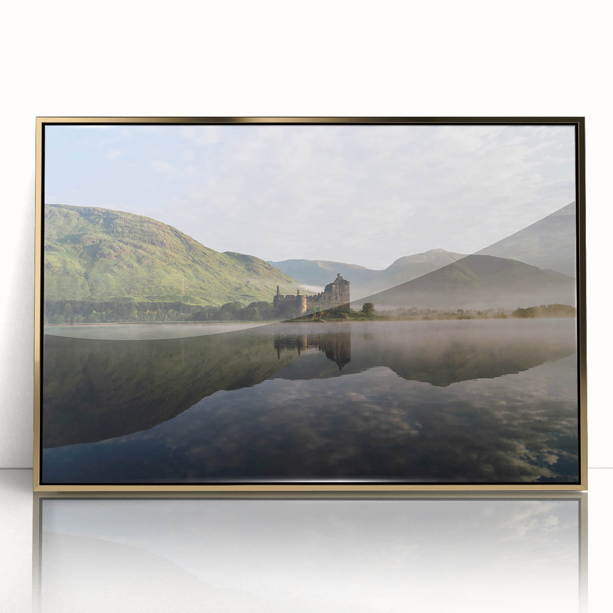 Large art print of a Scottish landscape in muted earth tones on a gold-framed acrylic, ideal for modern art wall decor.