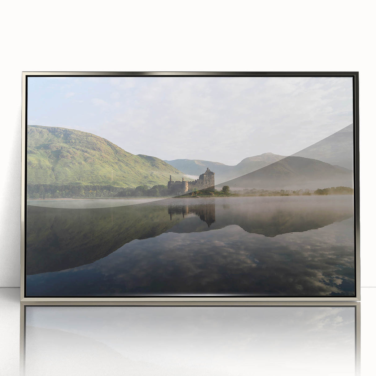 Mid-century modernist art depicting a serene Scottish landscape in muted greens and blues on a framed acrylic print.