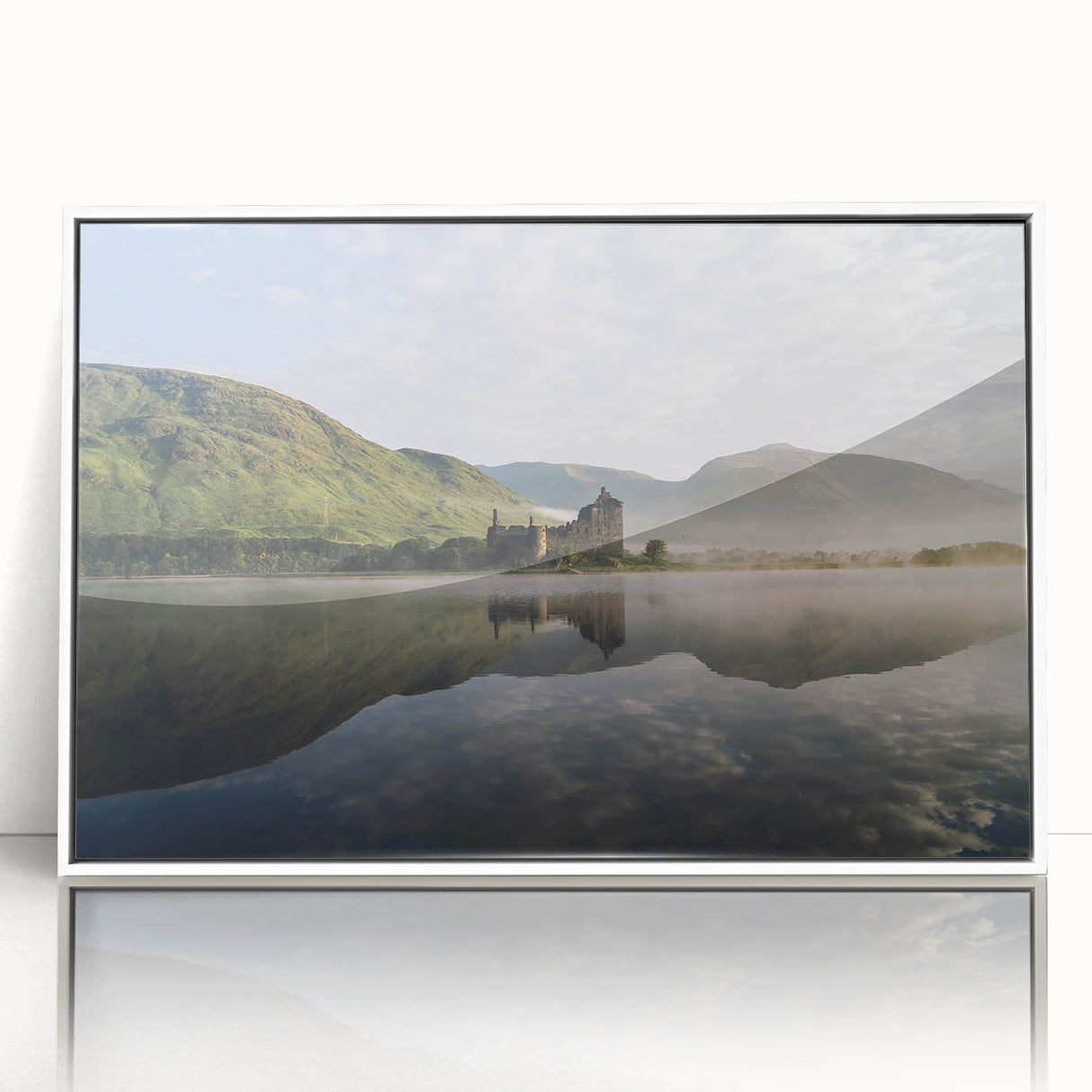 Acrylic print of a serene Scottish landscape in muted green and blue tones, framed in white, ideal for modern art wall decor.