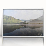 Acrylic print of a serene Scottish landscape in muted green and blue tones, framed in white, ideal for modern art wall decor.