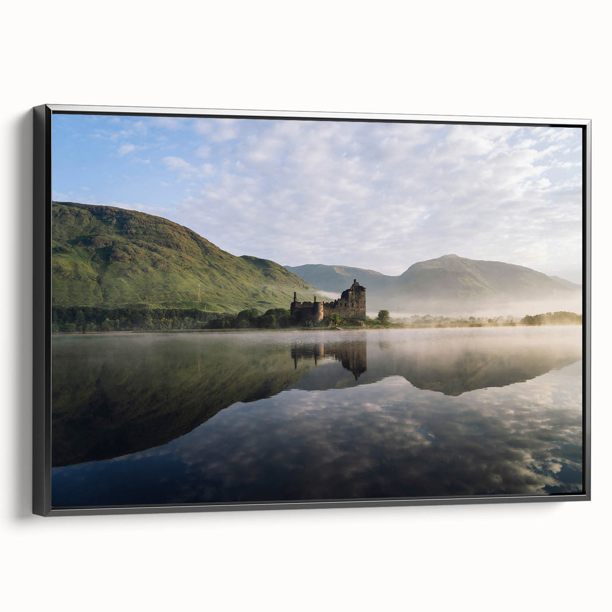 Black and white framed canvas depicting a vintage Scottish landscape, ideal for bedroom wall decor.