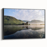 Black and white framed canvas depicting a vintage Scottish landscape, ideal for bedroom wall decor.