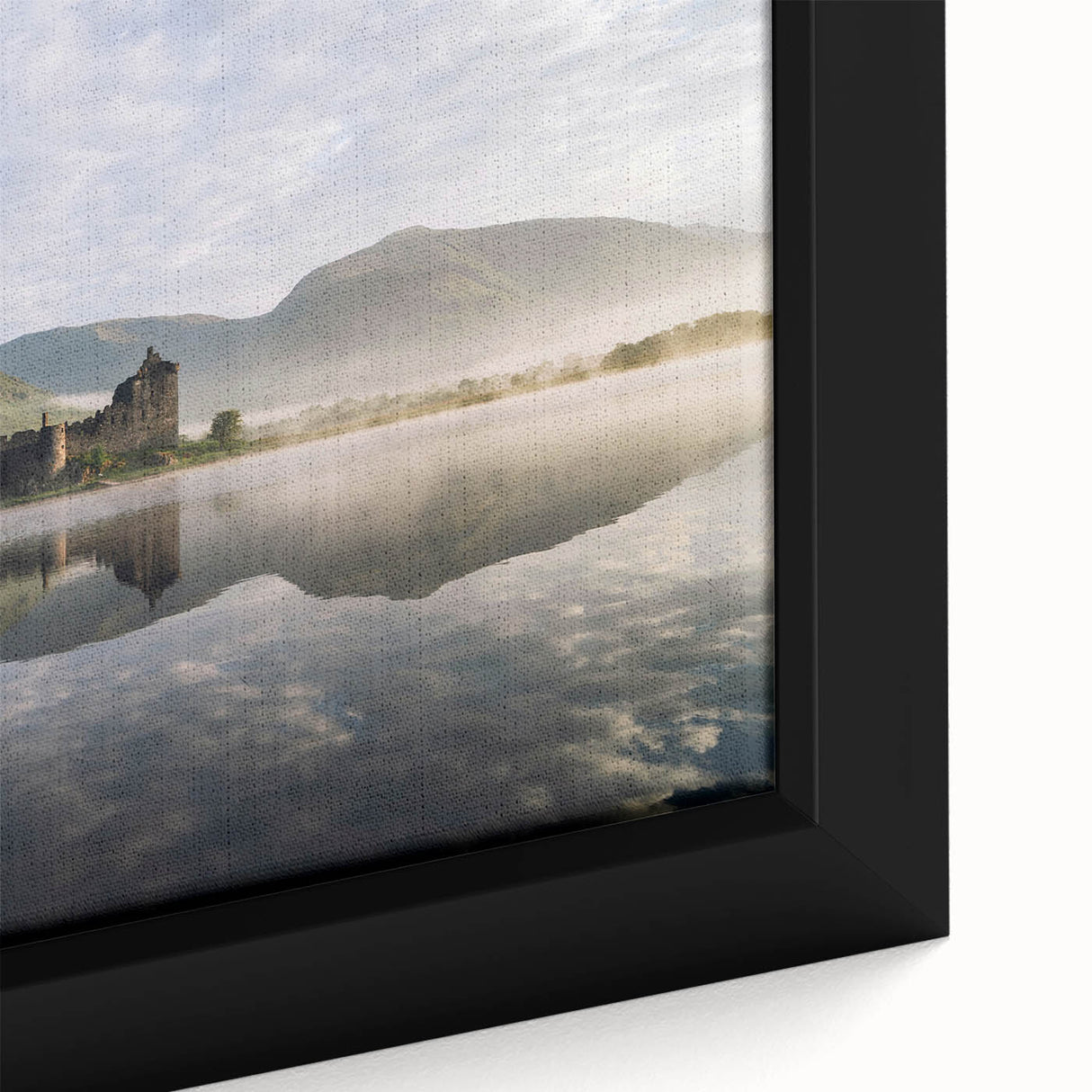 Extra large framed canvas featuring a textured depiction of a Scottish landscape in muted black and colorful art accents.