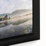Extra large framed canvas featuring a textured depiction of a Scottish landscape in muted black and colorful art accents.