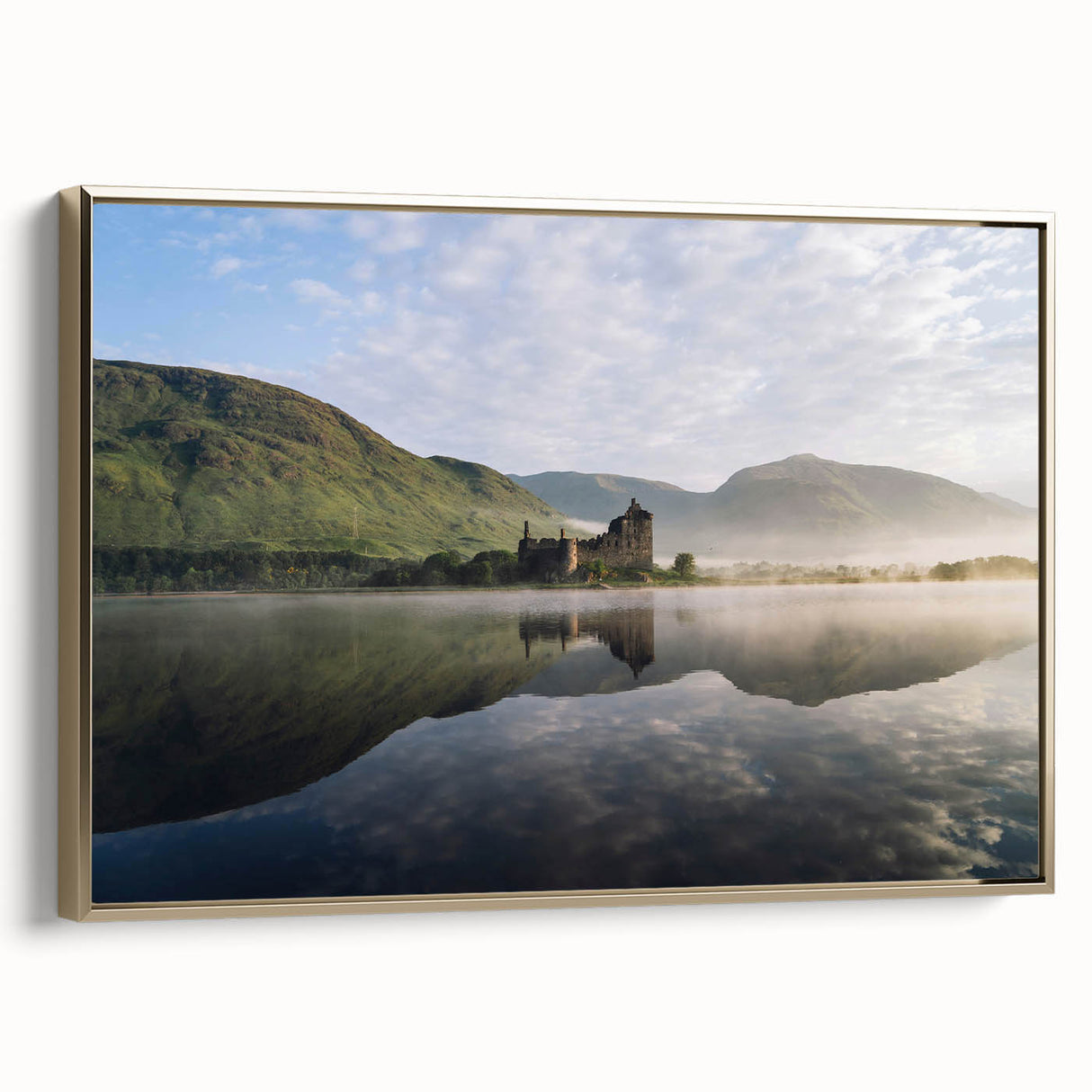 Framed canvas featuring a vintage-style Scottish landscape in muted gold and black tones, ideal for bedroom wall decor.