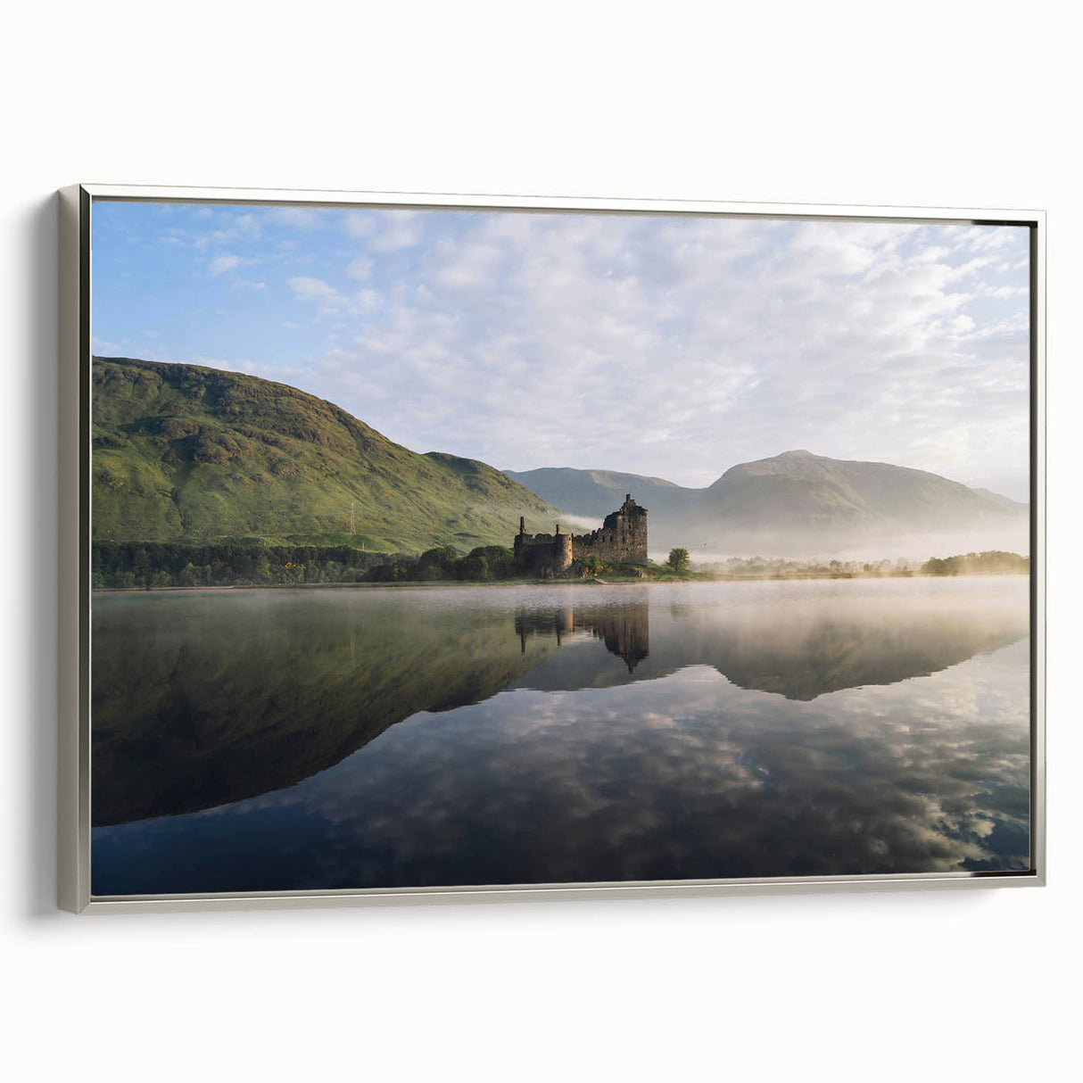 Framed canvas featuring a vintage-style landscape painting of the Scottish countryside, with muted earth tones.